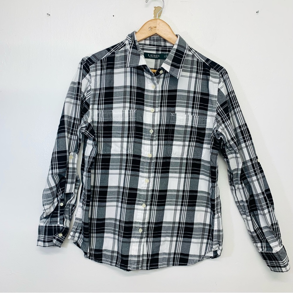 Lauren Ralph Lauren Blouse Woman Large  Button Up Black Paid Long Roll Tab Sleev